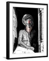 A black and white picture of a sadhu (yogi) at Pashupatinath Temple in Kathmandu, Nepal-David Chang-Framed Photographic Print