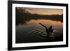 A Black Swan, Cygnus Atratus, Stretching at Sunrise in Ibirapuera Park-Alex Saberi-Framed Photographic Print