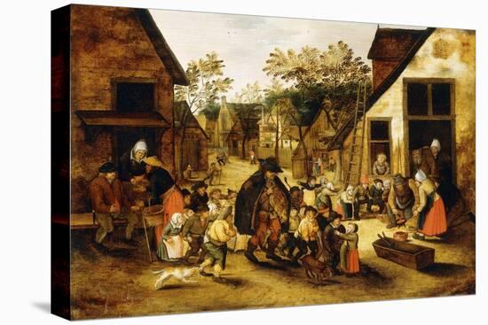 A Blind Hurdy-Gurdy Player Surrounded by Children in a Village, C.1610-Pieter Brueghel the Younger-Stretched Canvas