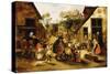 A Blind Hurdy-Gurdy Player Surrounded by Children in a Village, C.1610-Pieter Brueghel the Younger-Stretched Canvas