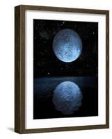 A Blue Moon Rising over a Calm Alien Ocean with a Starry Sky as a Backdrop-null-Framed Art Print