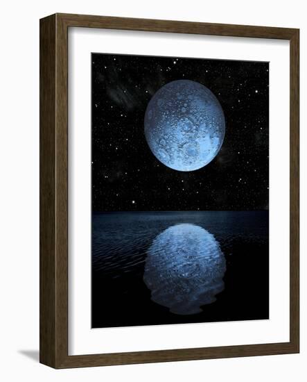 A Blue Moon Rising over a Calm Alien Ocean with a Starry Sky as a Backdrop-null-Framed Art Print