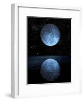 A Blue Moon Rising over a Calm Alien Ocean with a Starry Sky as a Backdrop-null-Framed Art Print