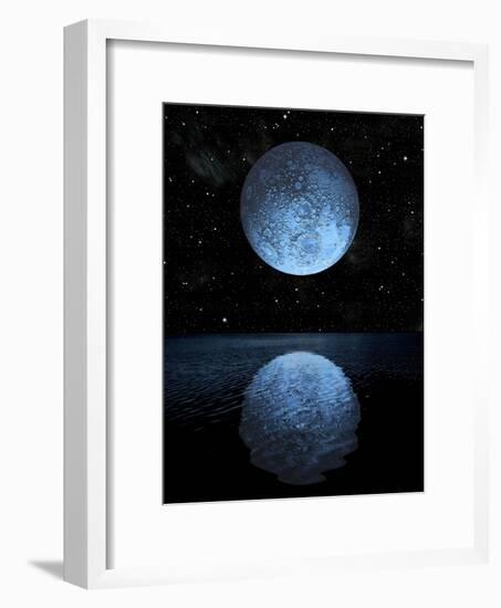 A Blue Moon Rising over a Calm Alien Ocean with a Starry Sky as a Backdrop-null-Framed Art Print