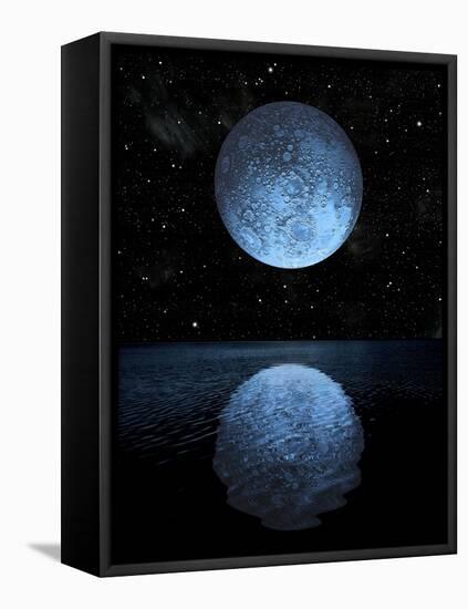 A Blue Moon Rising over a Calm Alien Ocean with a Starry Sky as a Backdrop-null-Framed Stretched Canvas