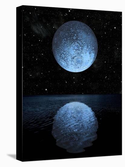 A Blue Moon Rising over a Calm Alien Ocean with a Starry Sky as a Backdrop-null-Stretched Canvas