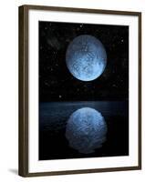 A Blue Moon Rising over a Calm Alien Ocean with a Starry Sky as a Backdrop-null-Framed Art Print