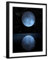 A Blue Moon Rising over a Calm Alien Ocean with a Starry Sky as a Backdrop-null-Framed Art Print