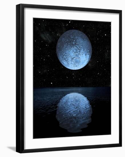 A Blue Moon Rising over a Calm Alien Ocean with a Starry Sky as a Backdrop-null-Framed Art Print