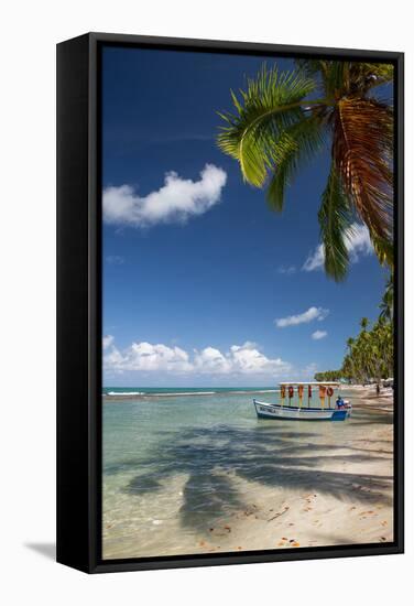 A Boat Floats Along the Sandy Praia Do Carneiros Near Tamamdere, North-Eastern Brazil-Alex Saberi-Framed Stretched Canvas