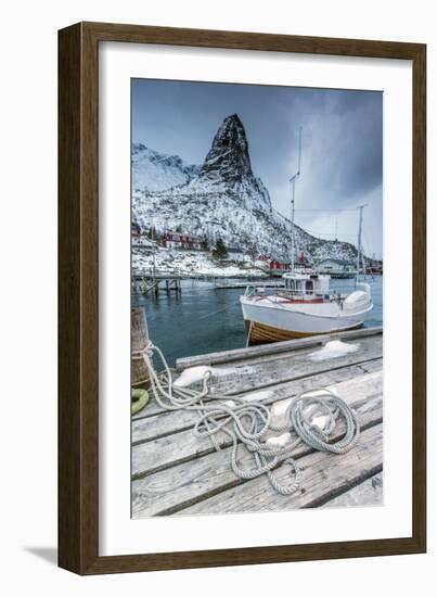 A Boat Moored in the Cold Sea in the Background the Snowy Peaks-Roberto Moiola-Framed Photographic Print