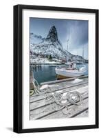 A Boat Moored in the Cold Sea in the Background the Snowy Peaks-Roberto Moiola-Framed Photographic Print