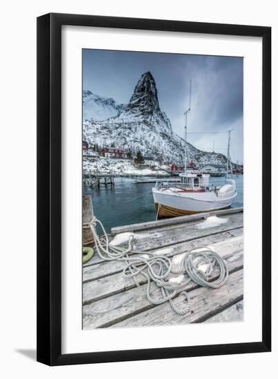 A Boat Moored in the Cold Sea in the Background the Snowy Peaks-Roberto Moiola-Framed Photographic Print