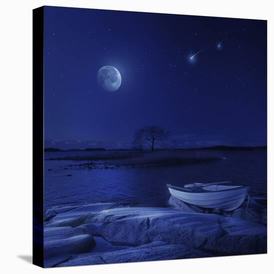 A Boat Moored Near an Icy Stone in a Lake Against Starry Sky, Finland-null-Stretched Canvas