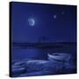 A Boat Moored Near an Icy Stone in a Lake Against Starry Sky, Finland-null-Stretched Canvas