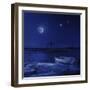 A Boat Moored Near an Icy Stone in a Lake Against Starry Sky, Finland-null-Framed Photographic Print