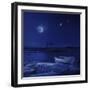 A Boat Moored Near an Icy Stone in a Lake Against Starry Sky, Finland-null-Framed Photographic Print