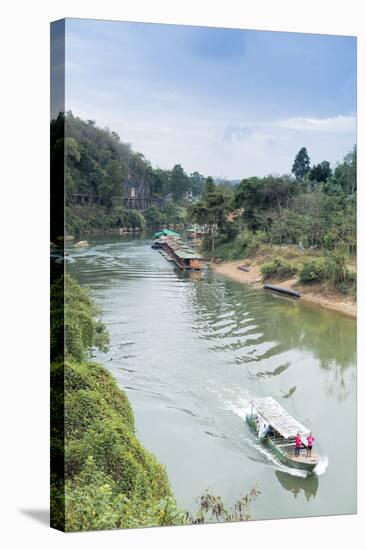 A Boat on the River Kwai with the Pow-Built Wampoo Viaduct Behind-Alex Robinson-Stretched Canvas