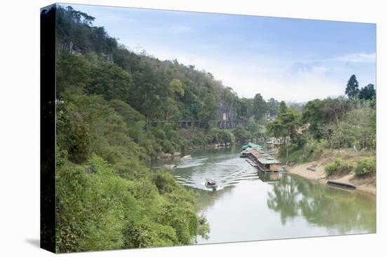 A Boat on the River Kwai with the Pow-Built Wampoo Viaduct Behind-Alex Robinson-Stretched Canvas