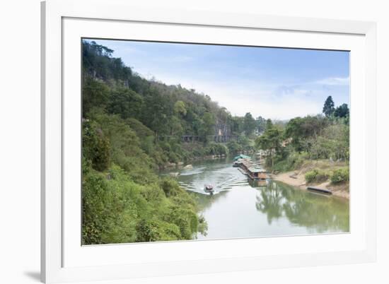 A Boat on the River Kwai with the Pow-Built Wampoo Viaduct Behind-Alex Robinson-Framed Photographic Print