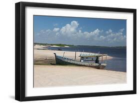 A Boat Sits on Rio Preguicas River Bank Near Lencois Maranhenses National Park-Alex Saberi-Framed Photographic Print