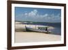 A Boat Sits on Rio Preguicas River Bank Near Lencois Maranhenses National Park-Alex Saberi-Framed Photographic Print