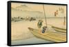 A Boat with Two Men Lay on a Headland, Travelers in the Distance Change to Another Boat-Utagawa Hiroshige-Framed Stretched Canvas
