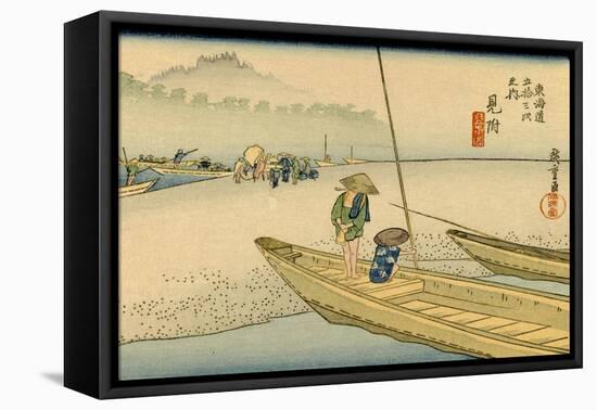 A Boat with Two Men Lay on a Headland, Travelers in the Distance Change to Another Boat-Utagawa Hiroshige-Framed Stretched Canvas