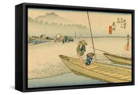 A Boat with Two Men Lay on a Headland, Travelers in the Distance Change to Another Boat-Utagawa Hiroshige-Framed Stretched Canvas