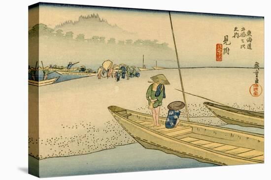 A Boat with Two Men Lay on a Headland, Travelers in the Distance Change to Another Boat-Utagawa Hiroshige-Stretched Canvas