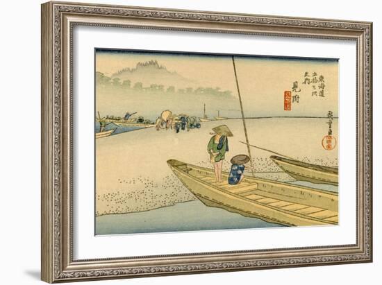 A Boat with Two Men Lay on a Headland, Travelers in the Distance Change to Another Boat-Utagawa Hiroshige-Framed Art Print