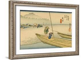 A Boat with Two Men Lay on a Headland, Travelers in the Distance Change to Another Boat-Utagawa Hiroshige-Framed Art Print