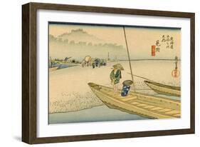 A Boat with Two Men Lay on a Headland, Travelers in the Distance Change to Another Boat-Utagawa Hiroshige-Framed Art Print