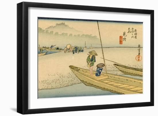 A Boat with Two Men Lay on a Headland, Travelers in the Distance Change to Another Boat-Utagawa Hiroshige-Framed Art Print