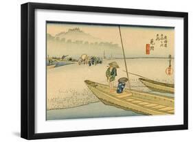 A Boat with Two Men Lay on a Headland, Travelers in the Distance Change to Another Boat-Utagawa Hiroshige-Framed Art Print