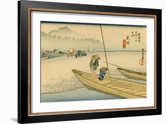 A Boat with Two Men Lay on a Headland, Travelers in the Distance Change to Another Boat-Utagawa Hiroshige-Framed Art Print