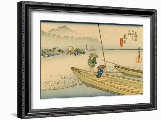 A Boat with Two Men Lay on a Headland, Travelers in the Distance Change to Another Boat-Utagawa Hiroshige-Framed Art Print