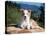 A Border Collie Puppy Lying on a Huge Sandstone Boulder in a Park with the Santa Ynez Mountains-Zandria Muench Beraldo-Stretched Canvas