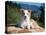 A Border Collie Puppy Lying on a Huge Sandstone Boulder in a Park with the Santa Ynez Mountains-Zandria Muench Beraldo-Stretched Canvas