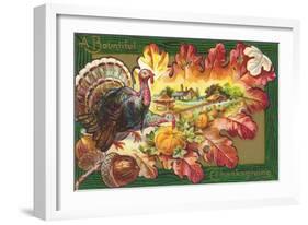 A Bountiful Thanksgiving, Turkey on Oak Leaf-null-Framed Art Print