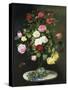 A Bouquet of Roses in a Glass Vase by Wild Flowers on a Marble Table, 1882-Otto Didrik Ottesen-Stretched Canvas