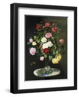 A Bouquet of Roses in a Glass Vase by Wild Flowers on a Marble Table, 1882-Otto Didrik Ottesen-Framed Giclee Print