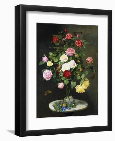 A Bouquet of Roses in a Glass Vase by Wild Flowers on a Marble Table, 1882-Otto Didrik Ottesen-Framed Giclee Print