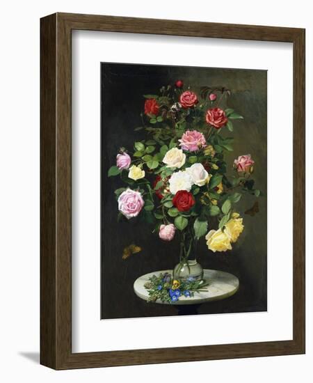 A Bouquet of Roses in a Glass Vase by Wild Flowers on a Marble Table-Otto Didrik Ottesen-Framed Giclee Print