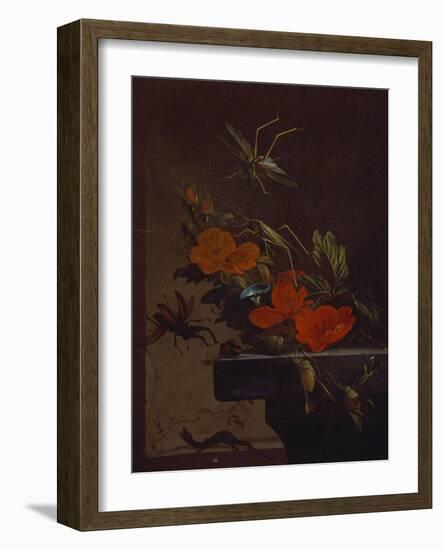 A Bouquet of Roses,  Morning Glory and Hazelnuts on a Ledge, with Grasshoppers, a Stag Beetle and…-Elias Van Den Broeck-Framed Giclee Print