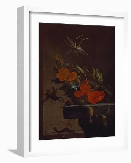 A Bouquet of Roses,  Morning Glory and Hazelnuts on a Ledge, with Grasshoppers, a Stag Beetle and…-Elias Van Den Broeck-Framed Giclee Print