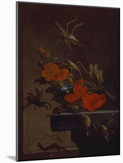 A Bouquet of Roses,  Morning Glory and Hazelnuts on a Ledge, with Grasshoppers, a Stag Beetle and…-Elias Van Den Broeck-Mounted Giclee Print