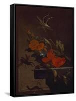 A Bouquet of Roses,  Morning Glory and Hazelnuts on a Ledge, with Grasshoppers, a Stag Beetle and…-Elias Van Den Broeck-Framed Stretched Canvas