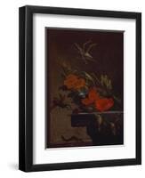 A Bouquet of Roses,  Morning Glory and Hazelnuts on a Ledge, with Grasshoppers, a Stag Beetle and…-Elias Van Den Broeck-Framed Premium Giclee Print