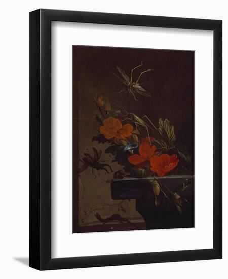 A Bouquet of Roses,  Morning Glory and Hazelnuts on a Ledge, with Grasshoppers, a Stag Beetle and…-Elias Van Den Broeck-Framed Premium Giclee Print